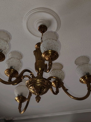 Bronze antique chandelier used, six-arm with frosted glass tulip shades