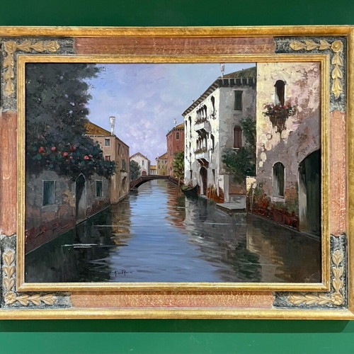 Oil painting used, embossed canal scene with handmade wooden frame