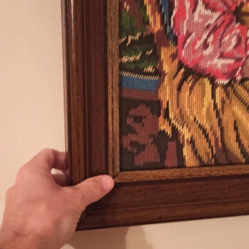 Vintage handmade gobelin embroidery in solid walnut frame 42x50