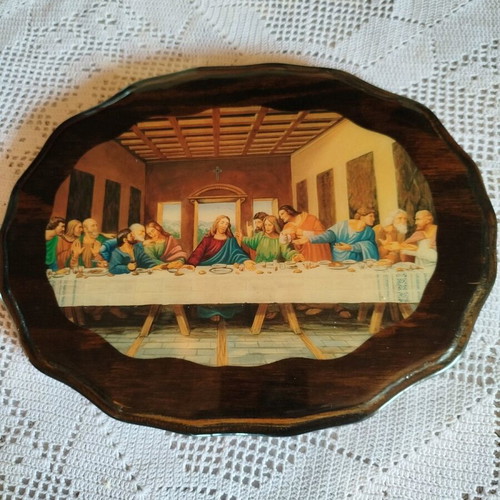 Wooden vintage wall plaque with Last Supper depiction used
