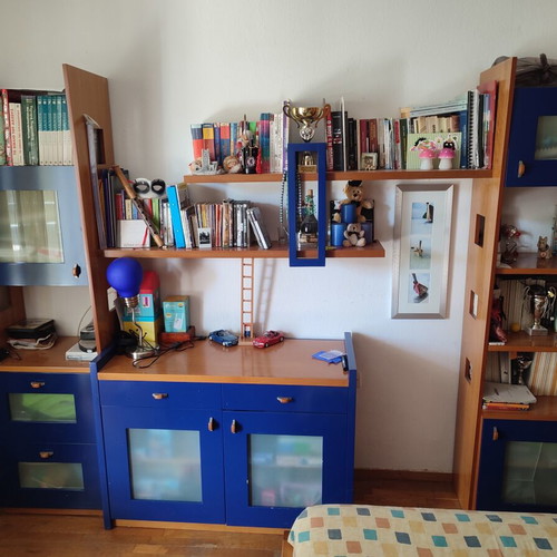 Student bedroom set used with wardrobe, bed, desk, shelves, and storage furniture