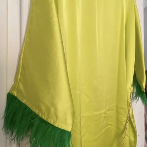 Lime satin short dress new with feathers and chain belt