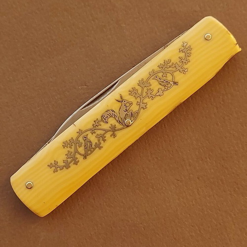 Antique German Schuddig Solingen pocket knife used with double blades and silver inlay decoration