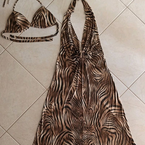 Maxi dress animal print with open back and bikini top, new