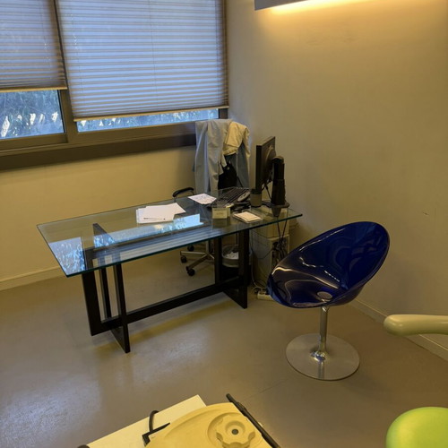 Glass desk and small auxiliary table used, thick safety glass, metal or wood base