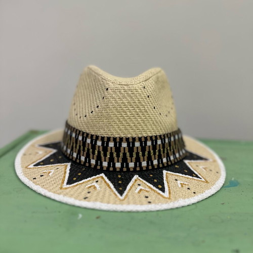 Hand Painted Straw Hat new, adjustable size, black and beige