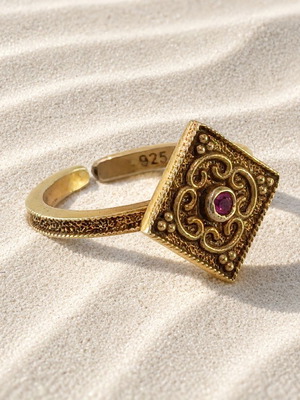 Handmade Byzantine antique ring with gold-plated 925 silver and ruby, new