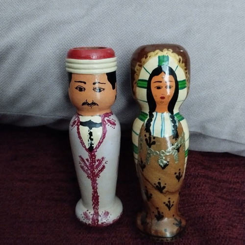 Decorative wooden dolls used, vintage hand-painted pair from Egypt
