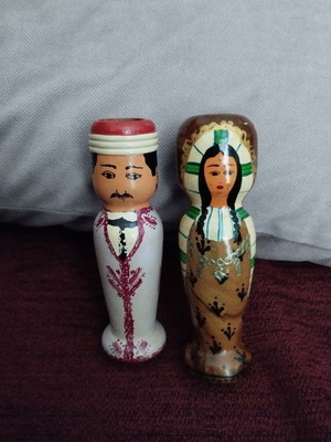 Decorative wooden dolls used, vintage hand-painted pair from Egypt