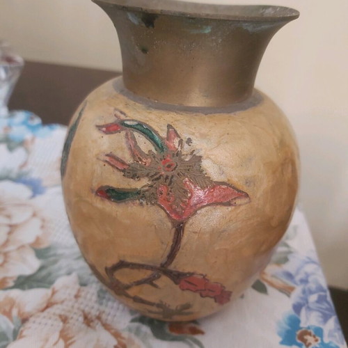 Hand-painted brass vase used, slightly damaged at the rim