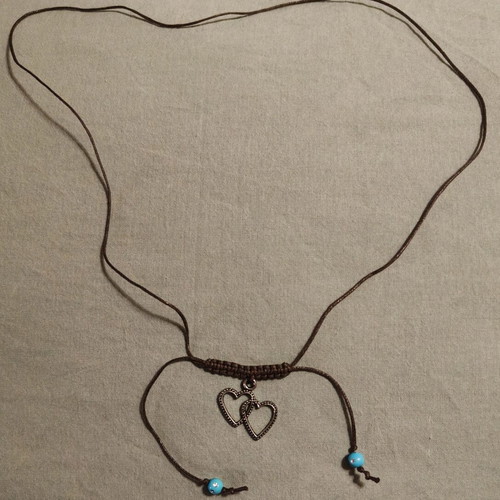 Boho handmade necklace with double heart, new, brown and turquoise