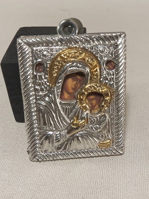 Plastic double-sided icon with Panagia and Christ, used, 6.5x5cm