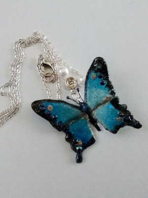 Handmade butterfly necklace new, blue shades, 45 cm chain