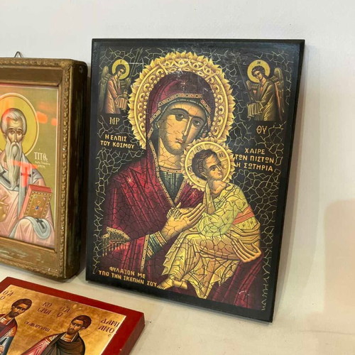 Set of 3 printed religious icons, 17 & 19x15 cm