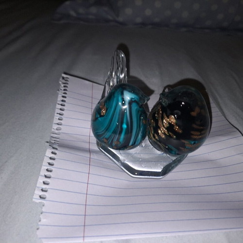 Glass decoration with 2 canaries like new, blue, black and gold