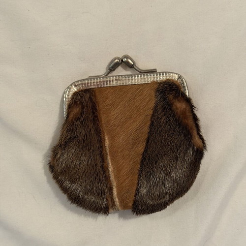 Vintage leather wallet used, natural leather and fur, brown