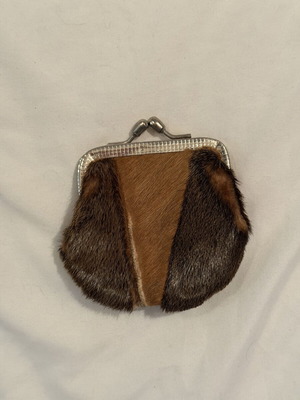Vintage leather wallet used, natural leather and fur, brown