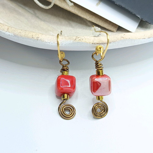 Vintage earrings with red ceramic beads and hematite, new