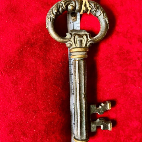 Vintage wine corkscrew and beer opener used, brass key shape 1960