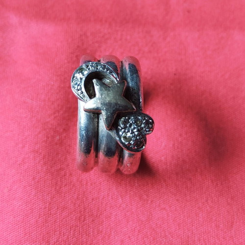 Vintage silver women's ring with star, moon and heart motifs used