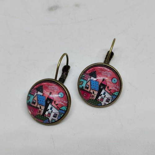 Handmade earrings with painted landscape, like new