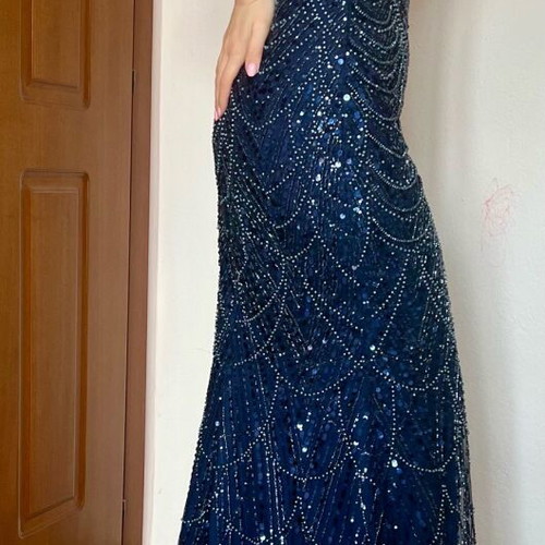 Maxi evening dress navy blue with sequins and beads like new, size M