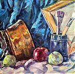  Αυθεντικός πίνακας ζωγραφικής έργο τέχνης ελαιογραφία νεκρή φύση με μπακίρι φρούτα πινέλα κορνίζα