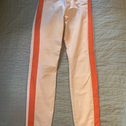 Topshop low waist tight pink denim trousers with coral stripe like new