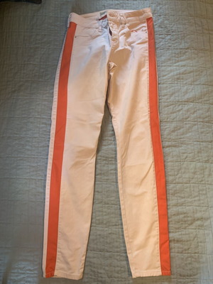 Topshop low waist tight pink denim trousers with coral stripe like new