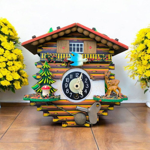 Vintage decorative wall clock used with wooden cabin design and colorful details