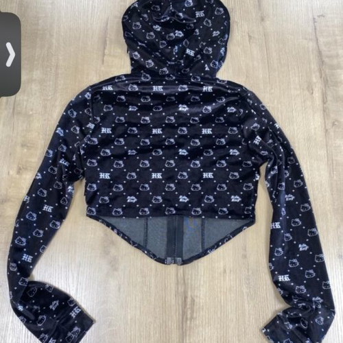 Hello Kitty corset black zip-up hoodie with white cat faces and HK logos