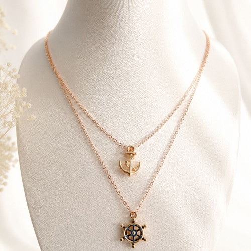 Handmade Ocean Breeze Layered Necklace with Gold Anchor and Ship Wheel