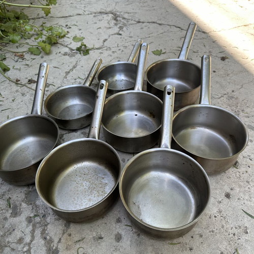 Set of 8 Commercial Stainless Steel Saucepans used