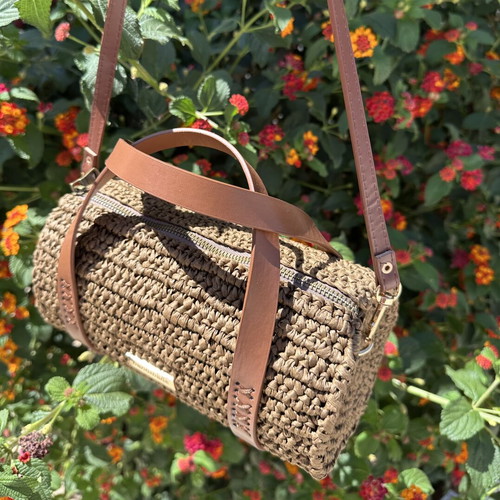 Handmade Raffia Barrel Bag with Tan PU Leather Details, Crossbody