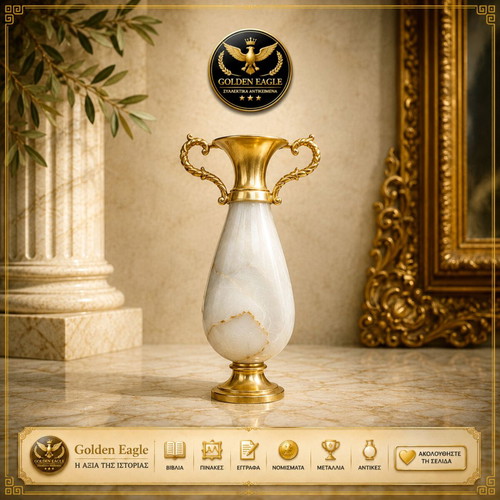 Amphora vase with gold metal details and marble body, retro decor