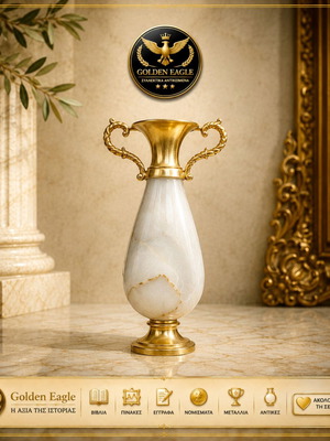 Amphora vase with gold metal details and marble body, retro decor