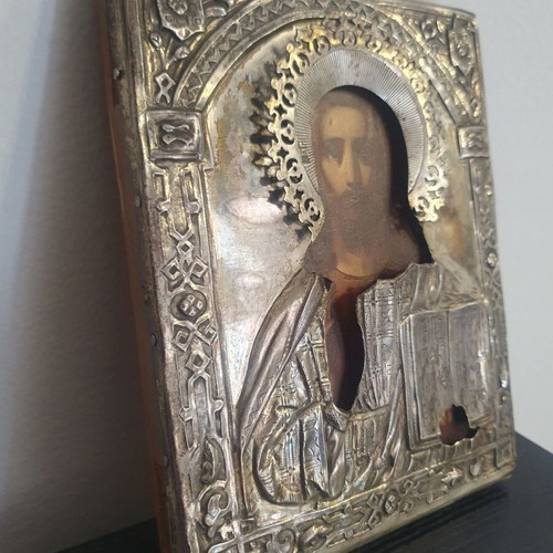 Old Russian Jesus Icon used in wooden frame with glass