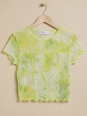 Bershka crop top like new, neon lime green with tropical print