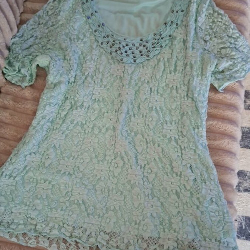 Mint lace blouse C&A with beads on neckline, like new