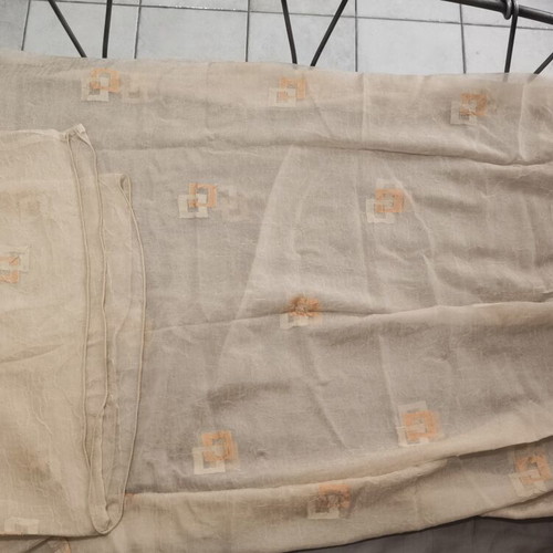 Organza curtain set like new, 2 large panels with geometric pattern