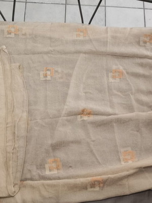 Organza curtain set like new, 2 large panels with geometric pattern