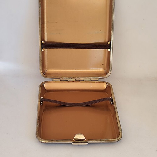 Vintage metal tobacco case with leatherette lining used, bordeaux gold