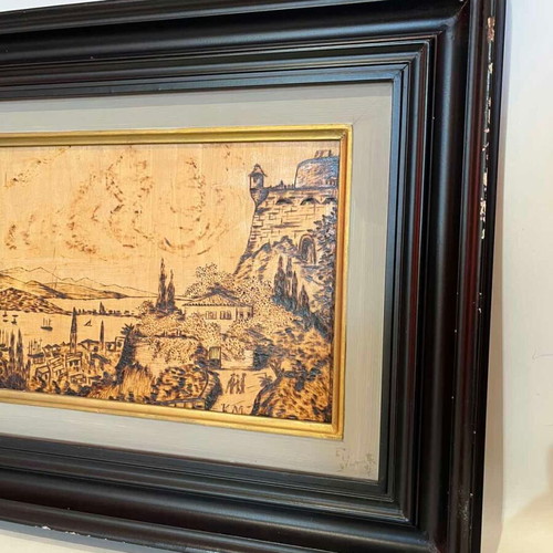 Vintage pyrography wall art of Peloponnese signed, used 39x47