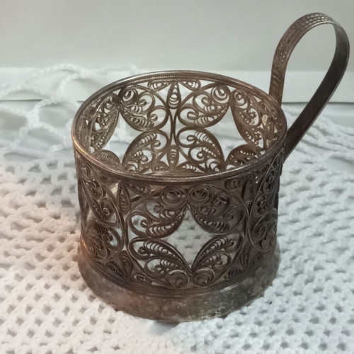 Silver filigree peacock set used, Russian antique, 3 pieces