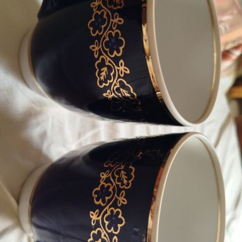 Vintage porcelain mugs with cobalt color and gilded details, Soviet 1940-1960