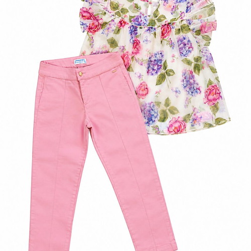 Mayoral floral chiffon tunic and pink pants set for girls