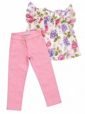 Mayoral floral chiffon tunic and pink pants set for girls