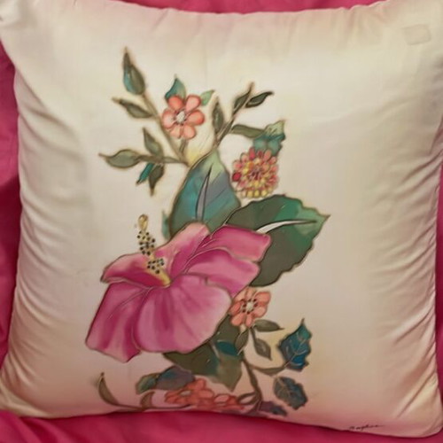 Hand-painted all-silk pillow with hibiscus new