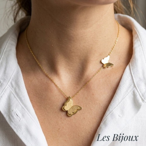 Necklace with Double Butterfly Design in Gold Stainless Steel New