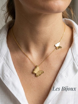 Necklace with Double Butterfly Design in Gold Stainless Steel New